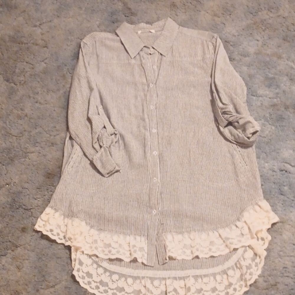 3 quarter length sleeve blue stripes button up blouse